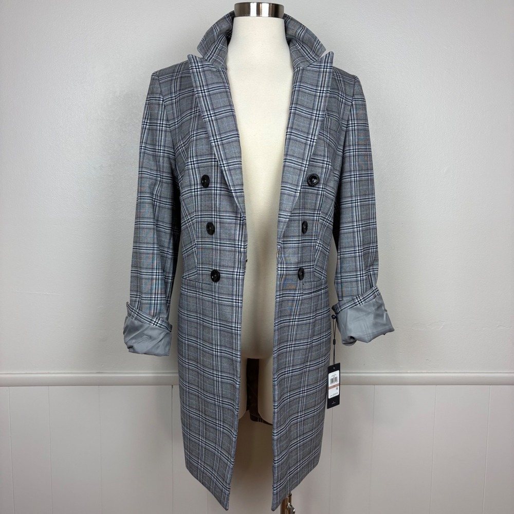 Tommy Hilfiger NWT Long Blazer Jacket Size 12 Plaid Gray Blue Lined Sophisticate